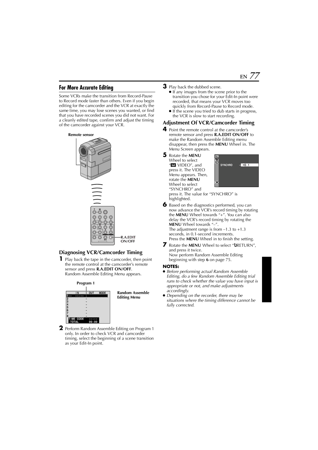 JVC GR-DVM76 For More Accurate Editing, Diagnosing VCR/Camcorder Timing, Adjustment Of VCR/Camcorder Timing 