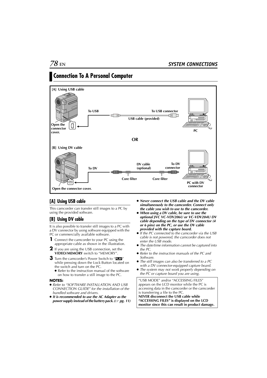 JVC GR-DVM76 instruction manual 78 EN, Connection To a Personal Computer, Using USB cable, Using DV cable 