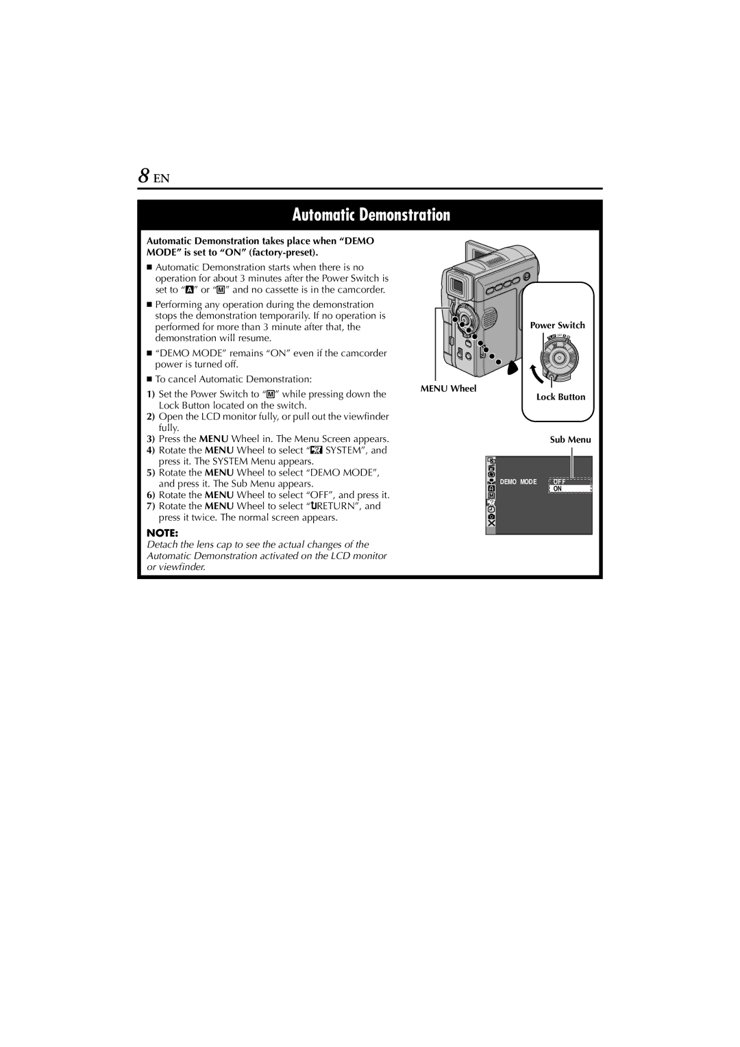 JVC GR-DVM76 instruction manual Automatic Demonstration, Set the Power Switch to M while pressing down 