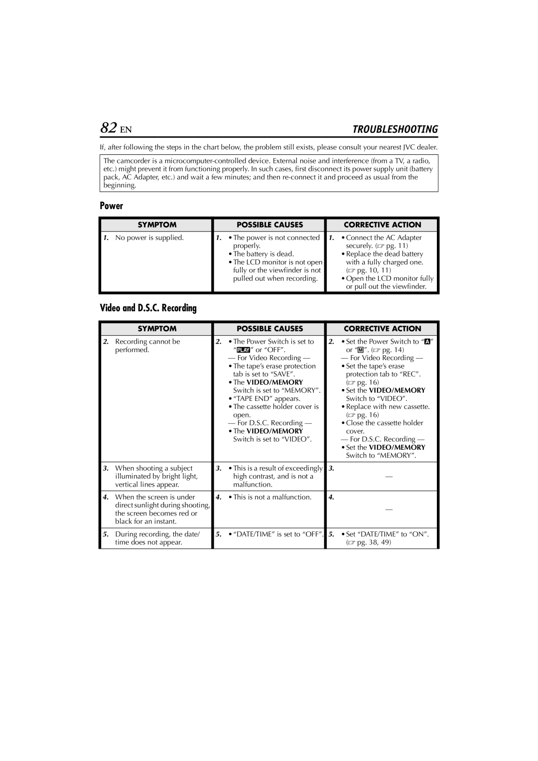 JVC GR-DVM76 instruction manual 82 EN, Power, Video and D.S.C. Recording, Video/Memory, Set the VIDEO/MEMORY 