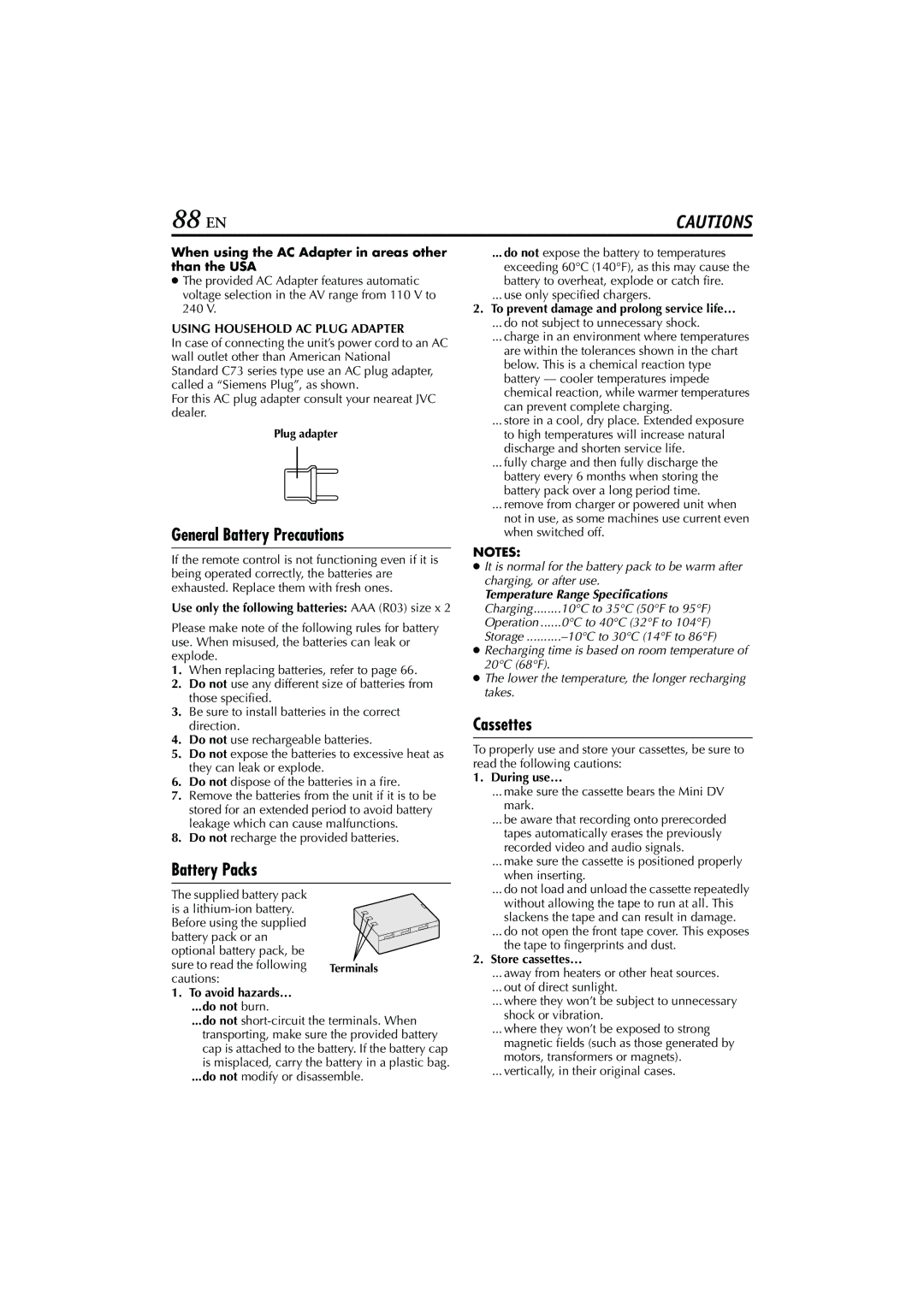 JVC GR-DVM76 instruction manual 88 EN, General Battery Precautions, Battery Packs, Cassettes 