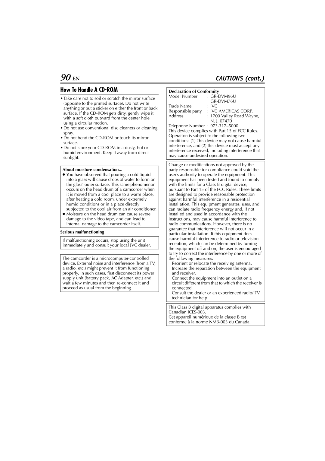 JVC GR-DVM76 90 EN, How To Handle a CD-ROM, About moisture condensation, Serious malfunctioning, Declaration of Conformity 