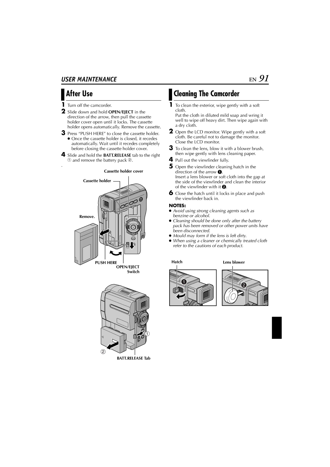 JVC GR-DVM76 After Use, Cleaning The Camcorder, Turn off the camcorder, Press Push Here to close the cassette holder 