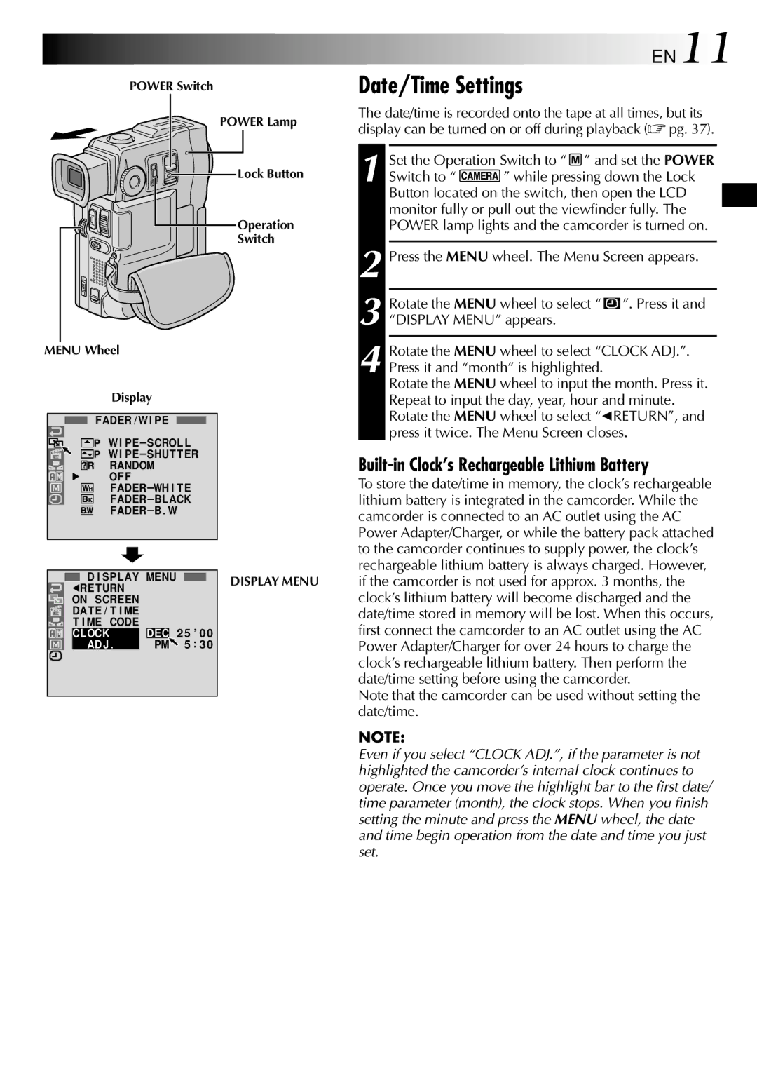 JVC GRDVM80U, GR-DVM80 specifications Date/Time Settings, EN11, Built-in Clock’s Rechargeable Lithium Battery 