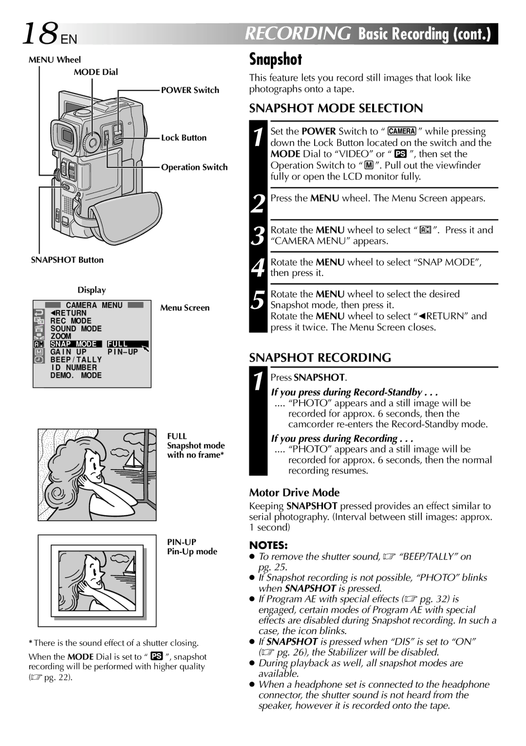 JVC GR-DVM80, GRDVM80U specifications 18 EN, Snapshot Mode Selection, Snapshot Recording, Motor Drive Mode 