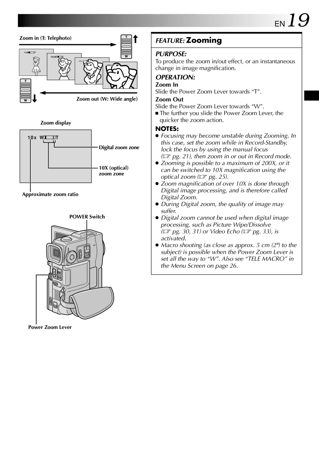 JVC GRDVM80U, GR-DVM80 specifications EN19, Slide the Power Zoom Lever towards T, Zoom Out 