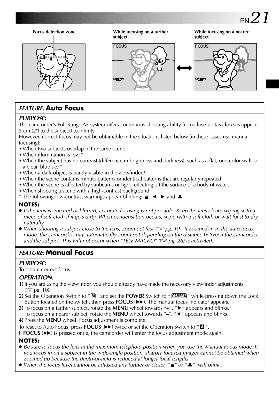 JVC GRDVM80U, GR-DVM80 specifications EN21, Feature Auto Focus, Feature Manual Focus, To obtain correct focus 