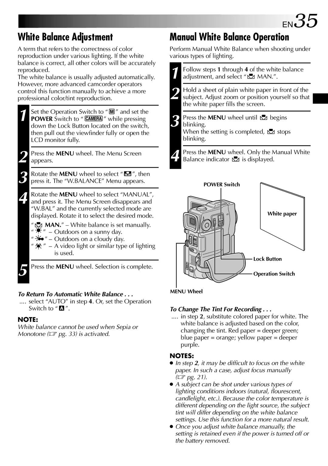 JVC GRDVM80U White Balance Adjustment, Manual White Balance Operation, EN35, To Return To Automatic White Balance 