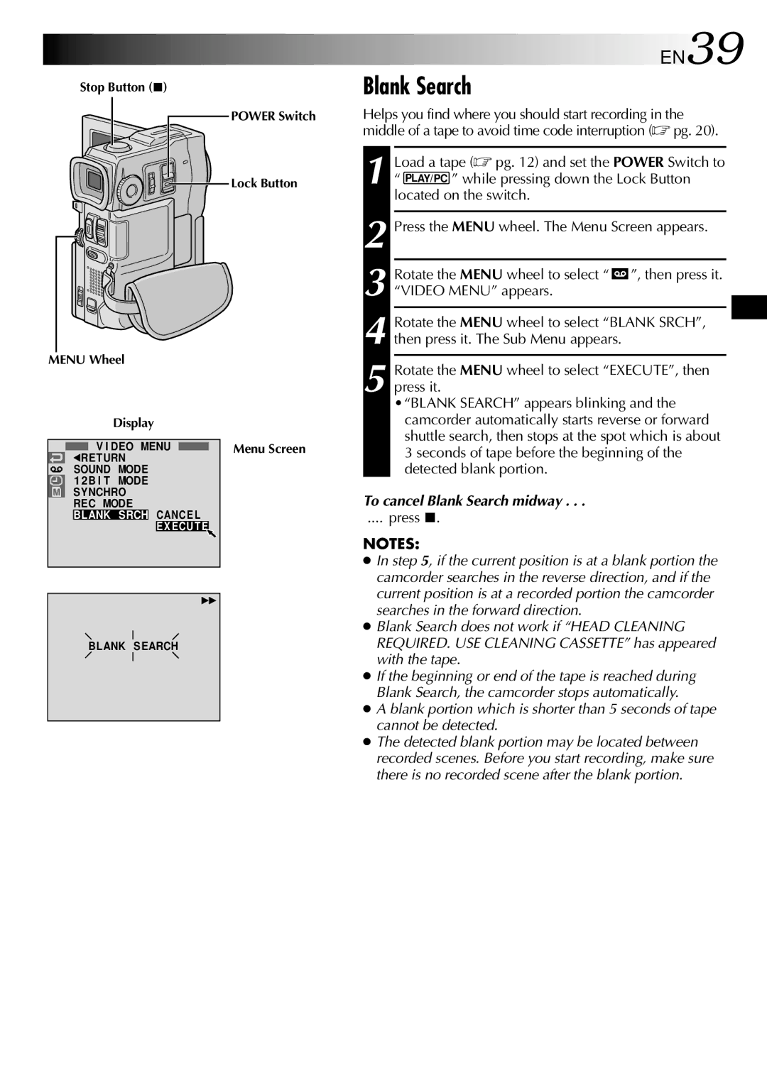 JVC GRDVM80U, GR-DVM80 specifications EN39, To cancel Blank Search midway 