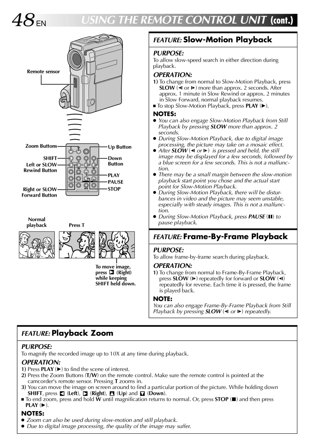 JVC GR-DVM80, GRDVM80U 48 EN, Feature Slow-Motion Playback, Feature Frame-By-Frame Playback, Feature Playback Zoom 