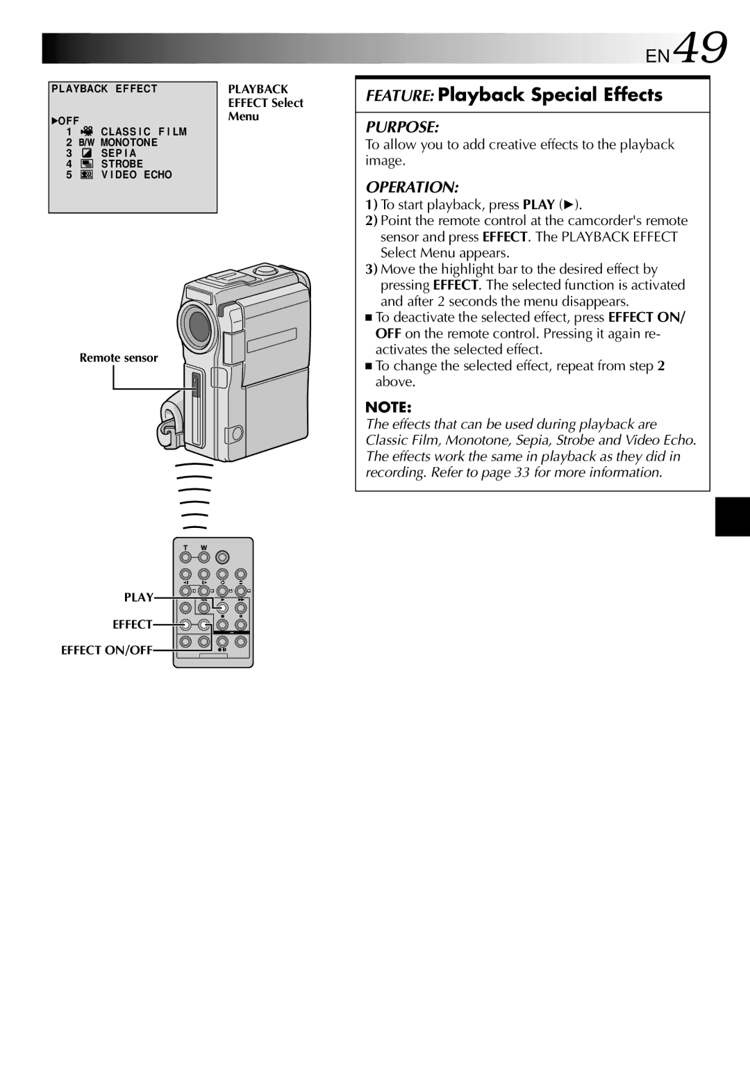 JVC GRDVM80U, GR-DVM80 EN49, Feature Playback Special Effects, To allow you to add creative effects to the playback image 