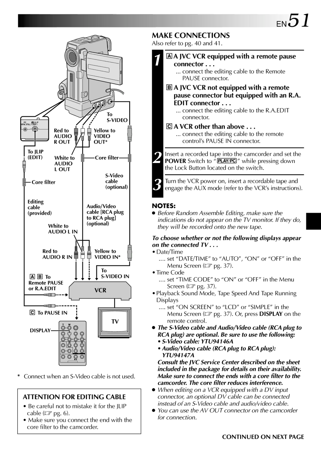 JVC GRDVM80U, GR-DVM80 EN51, Make Connections, JVC VCR equipped with a remote pause connector, VCR other than above 