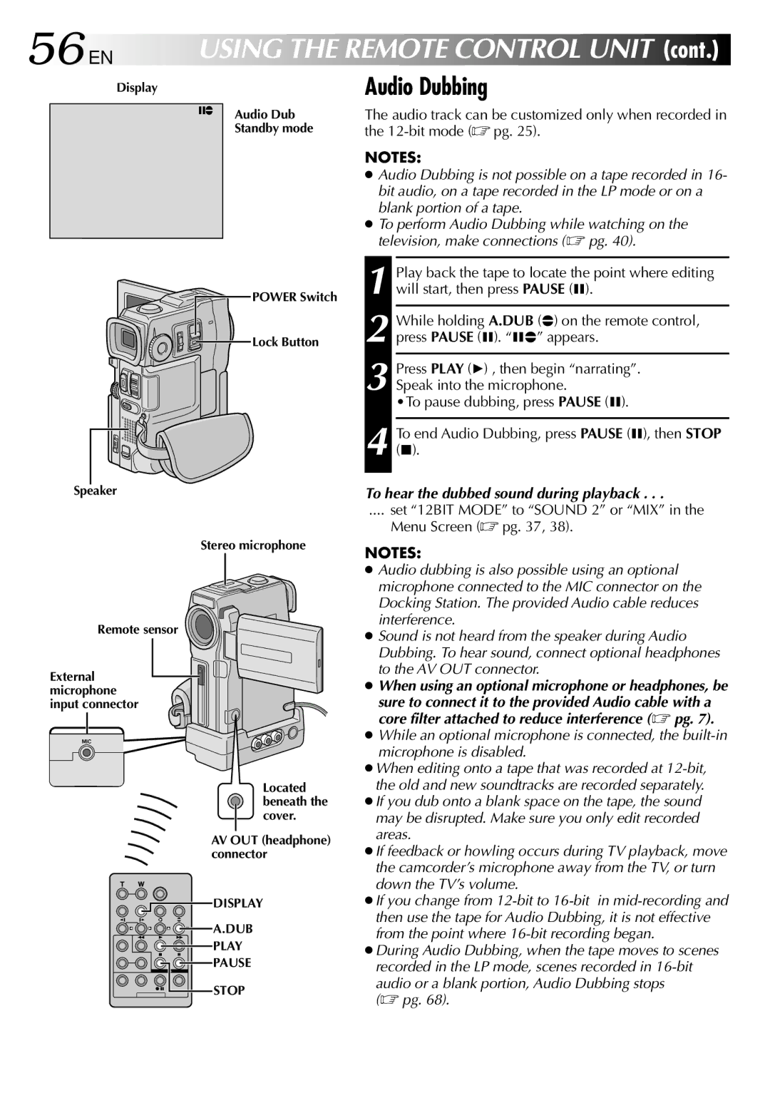 JVC GR-DVM80, GRDVM80U specifications 56 EN, Audio Dubbing, To hear the dubbed sound during playback 