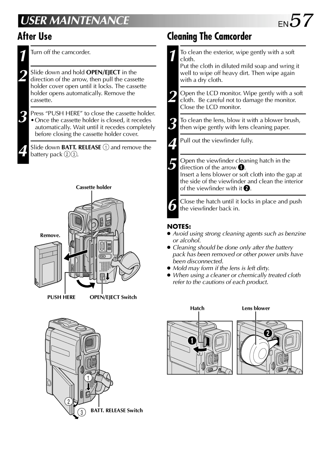 JVC GRDVM80U, GR-DVM80 After Use Cleaning The Camcorder, Slide down BATT. Release 1 and remove the battery pack 