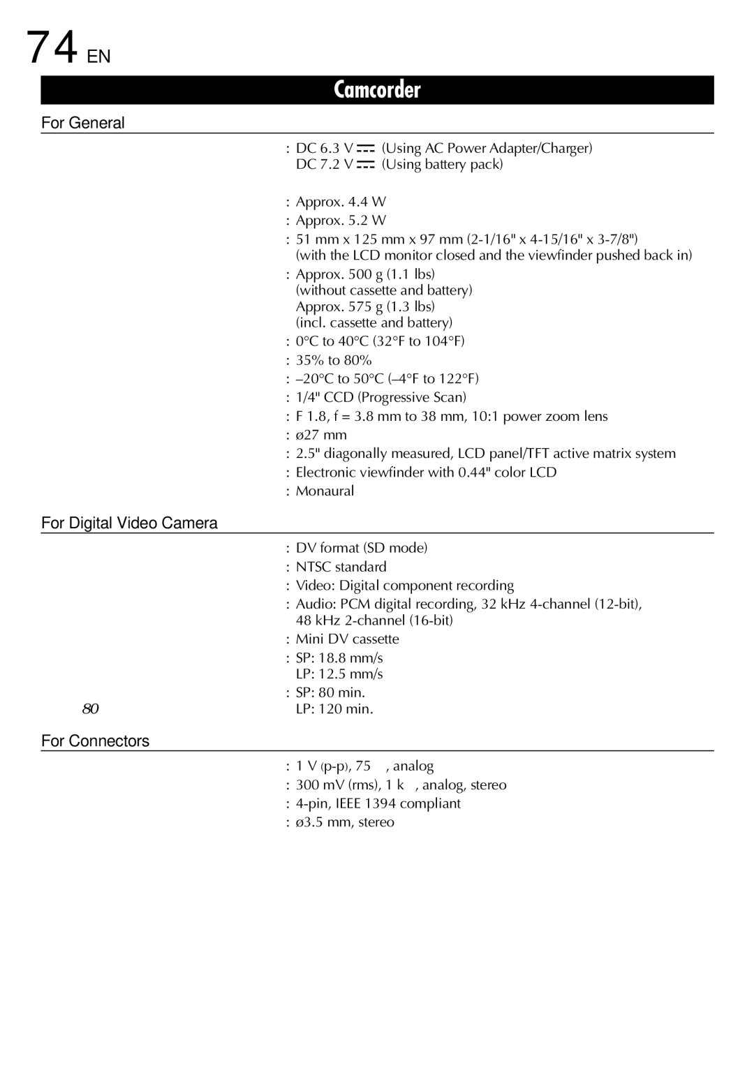 JVC GR-DVM80, GRDVM80U specifications 74 EN, For General, For Digital Video Camera, For Connectors 