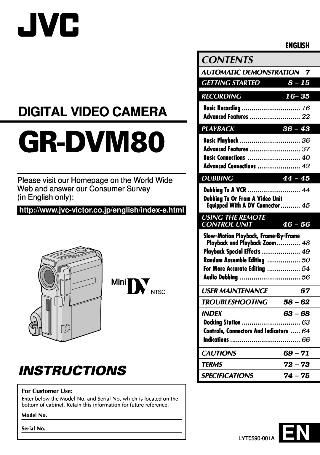 JVC GRDVM80U specifications in English only, User Maintenance, Troubleshooting, Index, Cautions, Terms, Specifications 