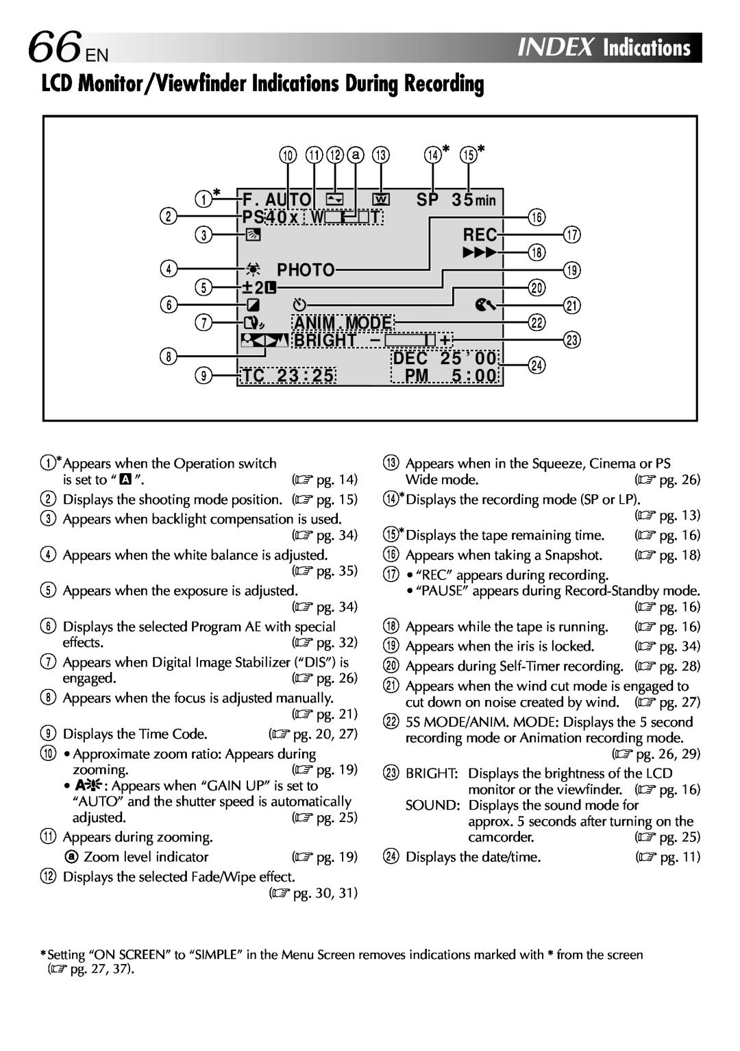 JVC GR-DVM80 66 EN, LCD Monitor/Viewfinder Indications During Recording, 0 !@, $* %, Anim . Mode, Bright, DEC 2 5 ’ 0 