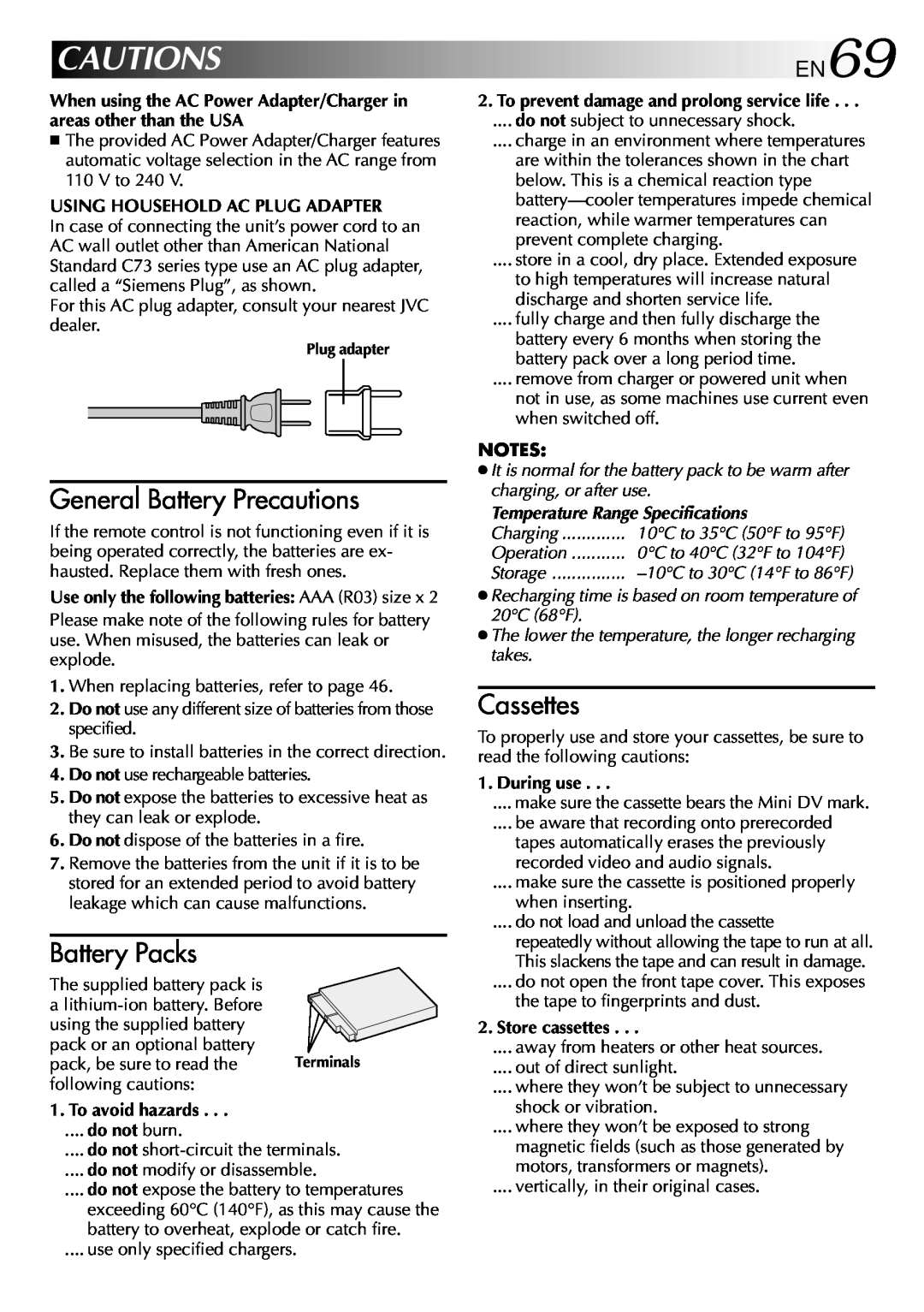 JVC GRDVM80U Cautions, General Battery Precautions, Battery Packs, Cassettes, EN69, Temperature Range Specifications 