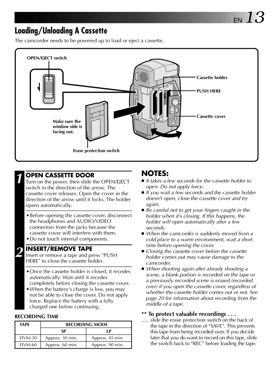 JVC LYT0002-0F2A Loading/Unloading a Cassette, Open Cassette Door, INSERT/REMOVE Tape, To protect valuable recordings 