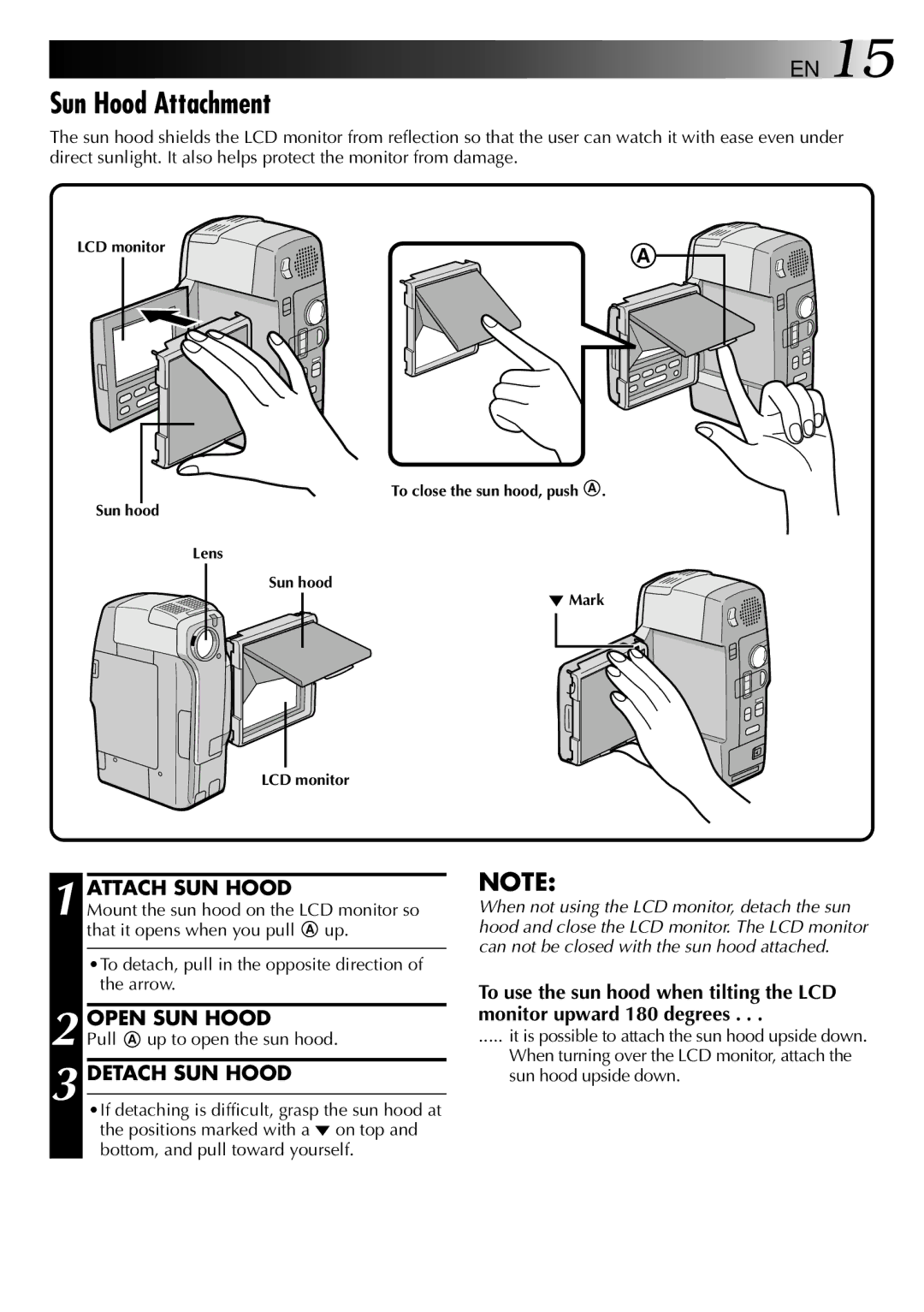 JVC LYT0002-0F2A Sun Hood Attachment, Attach SUN Hood, Open SUN Hood, Detach SUN Hood, Pull a up to open the sun hood 