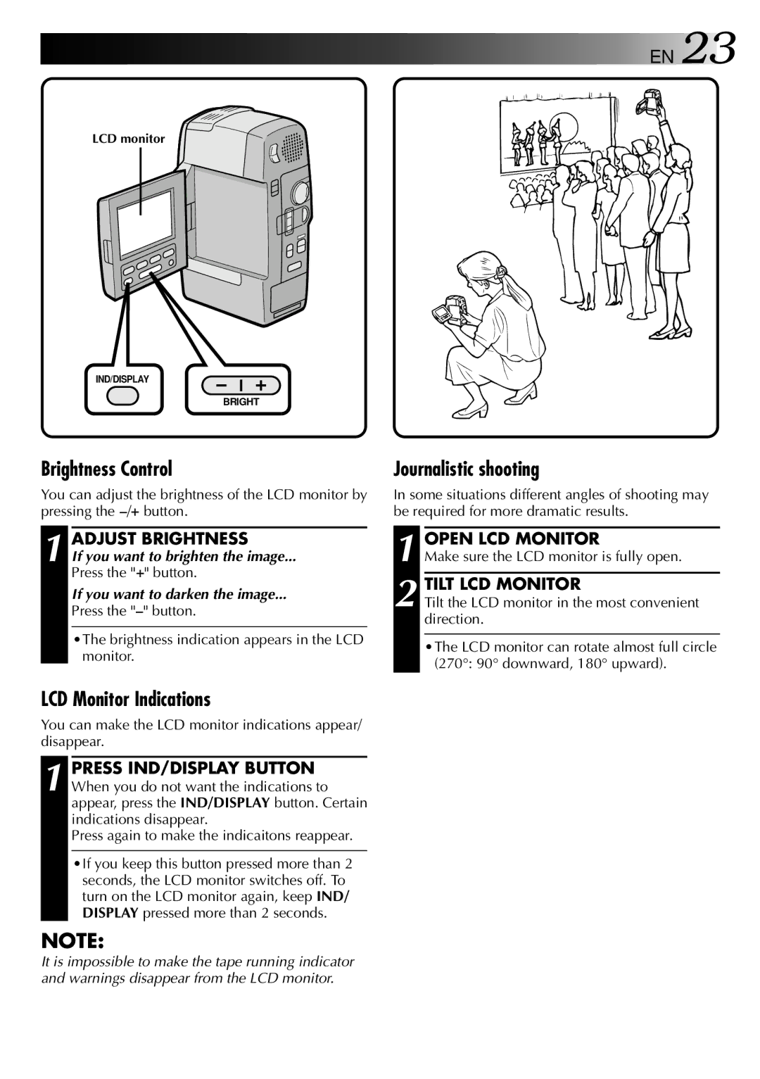 JVC LYT0002-0F2A, GR-DVM801 manual LCD Monitor Indications, Adjust Brightness, Tilt LCD Monitor 