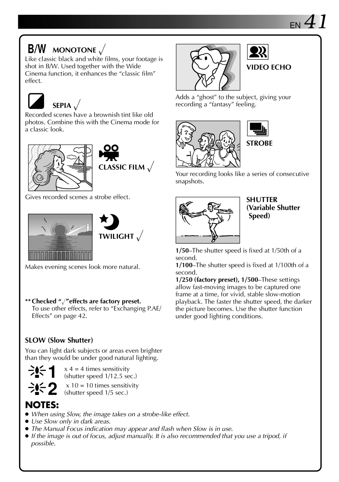 JVC LYT0002-0F2A, GR-DVM801 manual Monotone √, Video Echo Sepia √, Classic Film √, Twilight √, Strobe 