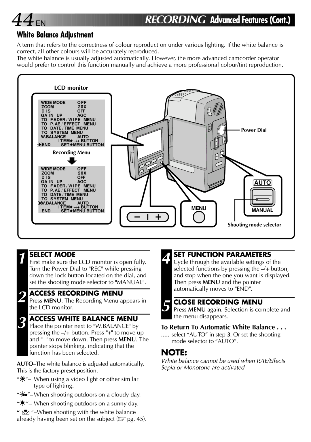 JVC GR-DVM801, LYT0002-0F2A manual White Balance Adjustment, To Return To Automatic White Balance 