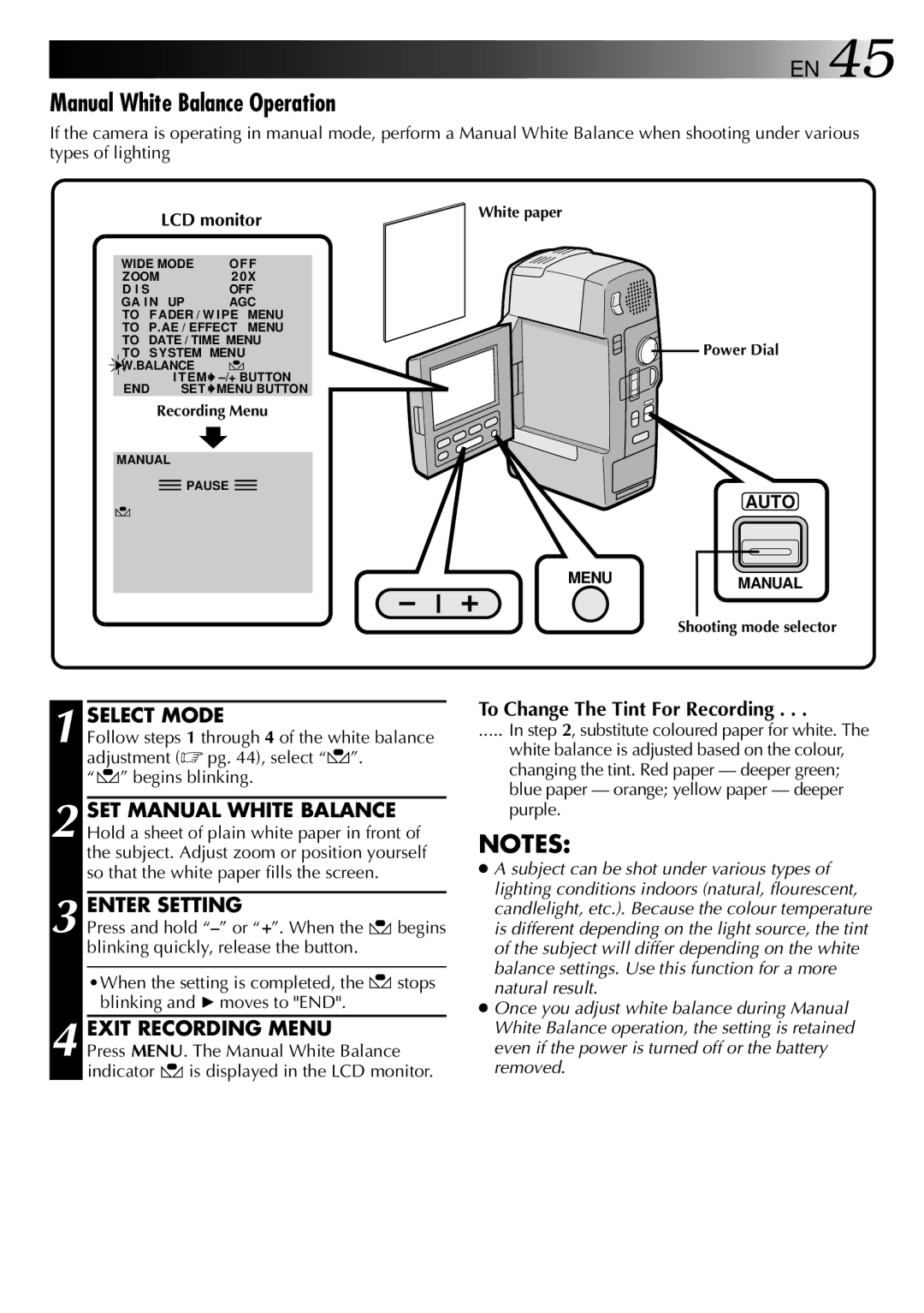 JVC LYT0002-0F2A Manual White Balance Operation, Enter Setting, Exit Recording Menu, To Change The Tint For Recording 