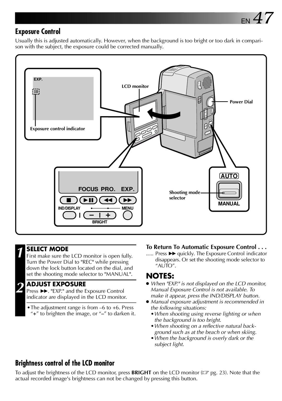 JVC LYT0002-0F2A, GR-DVM801 manual Exposure Control, Brightness control of the LCD monitor, Adjust Exposure 