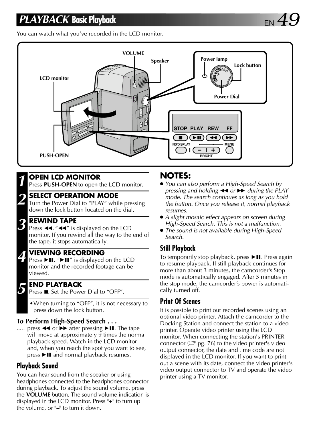 JVC LYT0002-0F2A Viewing Recording, END Playback, To Perform High-Speed Search, Press PUSH-OPENto open the LCD monitor 