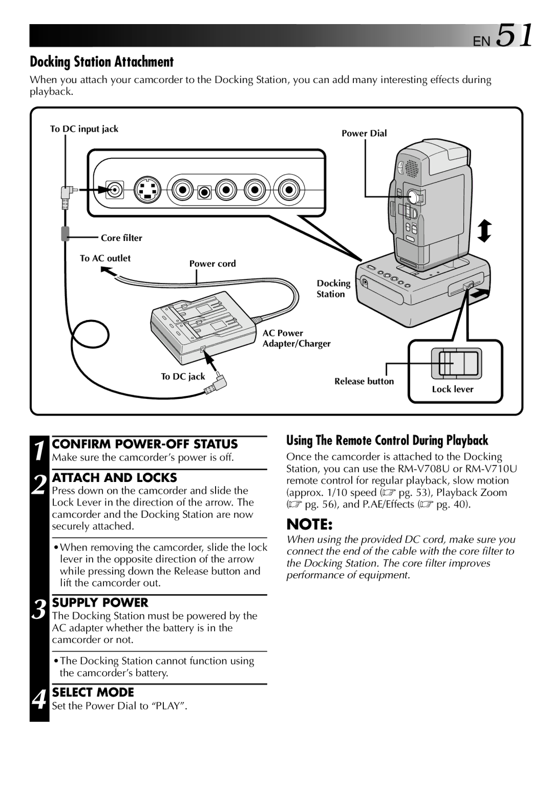 JVC LYT0002-0F2A, GR-DVM801 manual Docking Station Attachment, Confirm POWER-OFF Status, Attach and Locks 