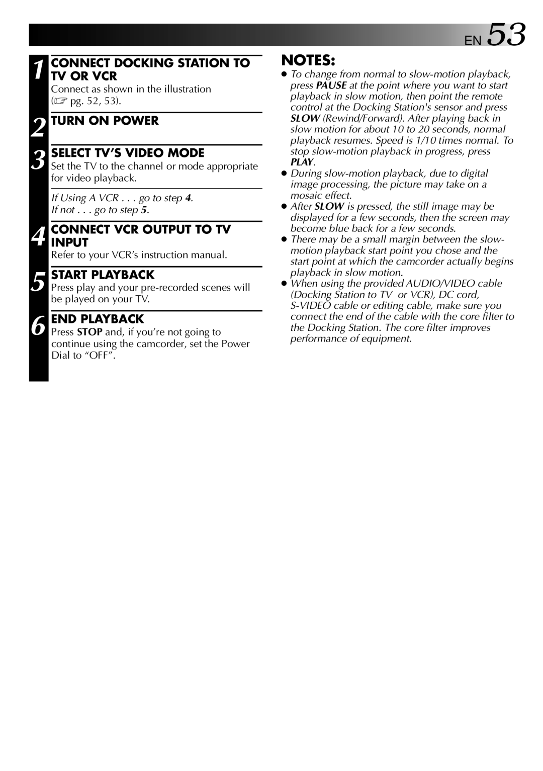 JVC LYT0002-0F2A, GR-DVM801 manual Connect Docking Station to TV or VCR, Turn on Power Select TV’S Video Mode 