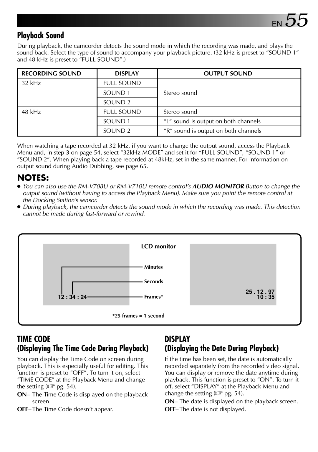 JVC LYT0002-0F2A, GR-DVM801 Playback Sound, Displaying the Date During Playback, Displaying The Time Code During Playback 