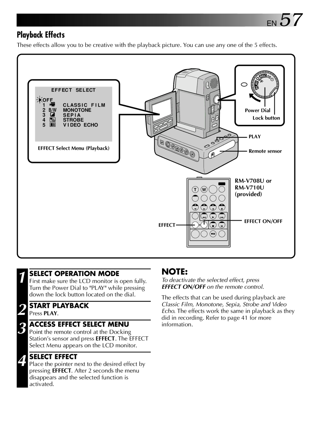 JVC LYT0002-0F2A, GR-DVM801 manual Playback Effects, RM-V708U or WRM-V710U provided, Press Play 