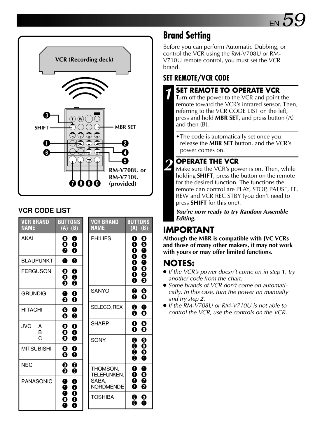 JVC LYT0002-0F2A, GR-DVM801 manual Brand Setting, Operate the VCR, RM-V708U or RM-V710U 9 ` provided 