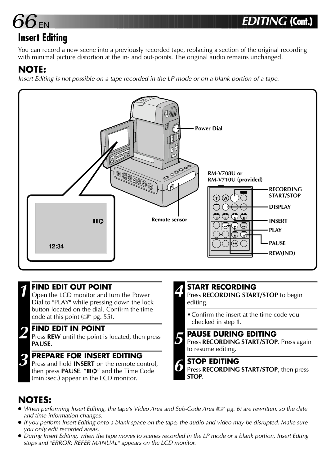 JVC GR-DVM801, LYT0002-0F2A Insert Editing, Find Edit OUT Point Start Recording, Find Edit in Point Pause During Editing 