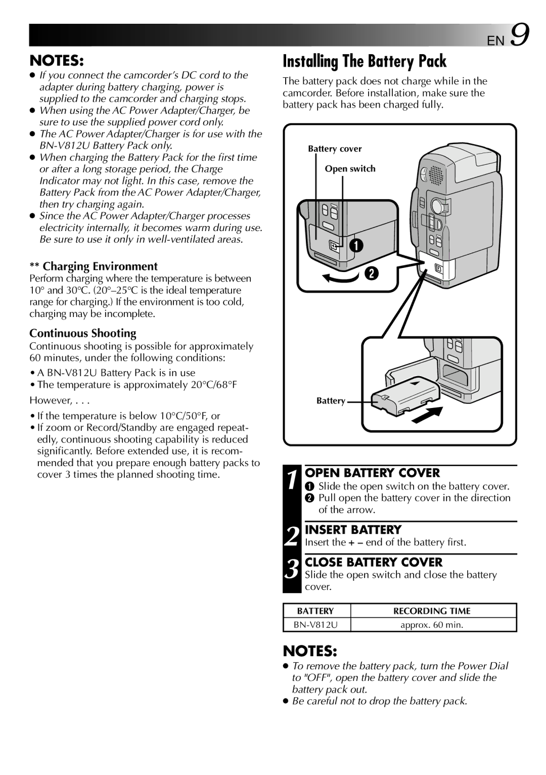 JVC LYT0002-0F2A, GR-DVM801 manual Installing The Battery Pack, Open Battery Cover, Insert Battery, Close Battery Cover 