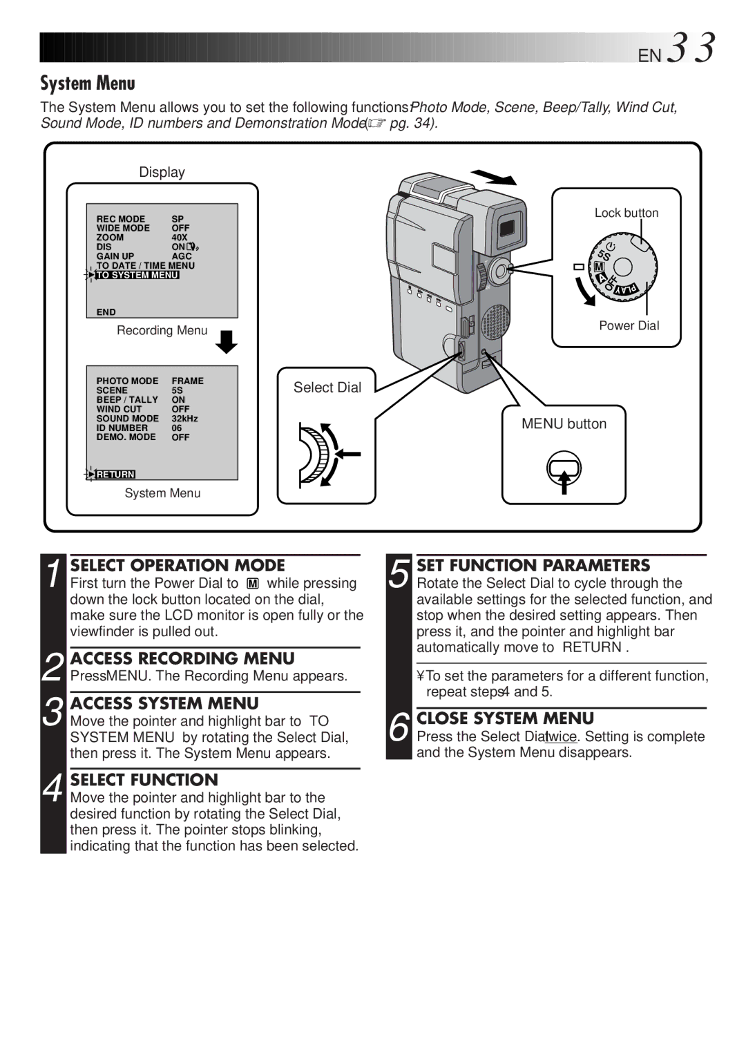 JVC GR-DVM828 manual Close System Menu 