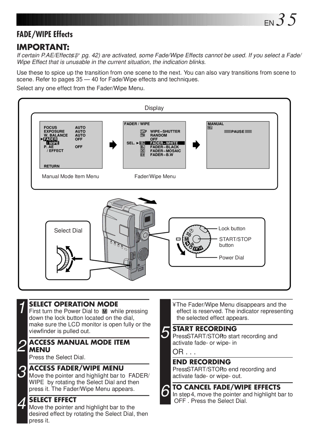 JVC GR-DVM828 manual FADE/WIPE Effects, Accessmenu Manual Mode Item, Access FADER/WIPE Menu, Select Effect 