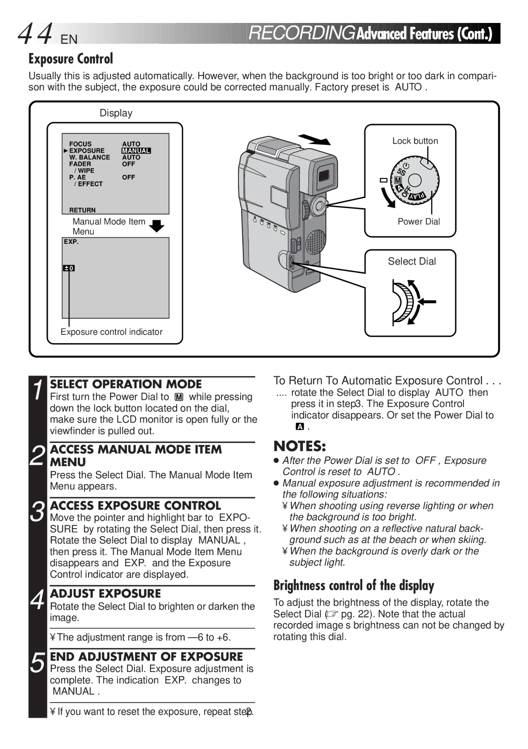 JVC GR-DVM828 manual Exposure Control, Brightness control of the display, Adjust Exposure 