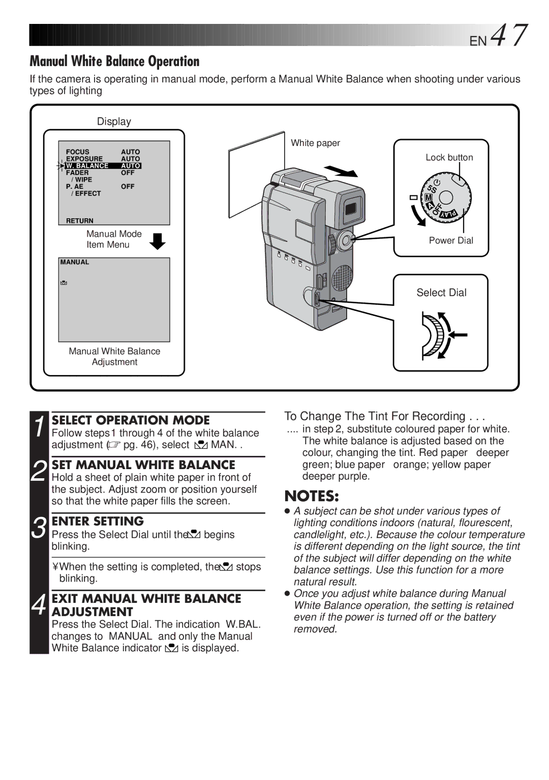 JVC GR-DVM828 manual Manual White Balance Operation, Enter Setting, Exit Manual White Balance Adjustment 