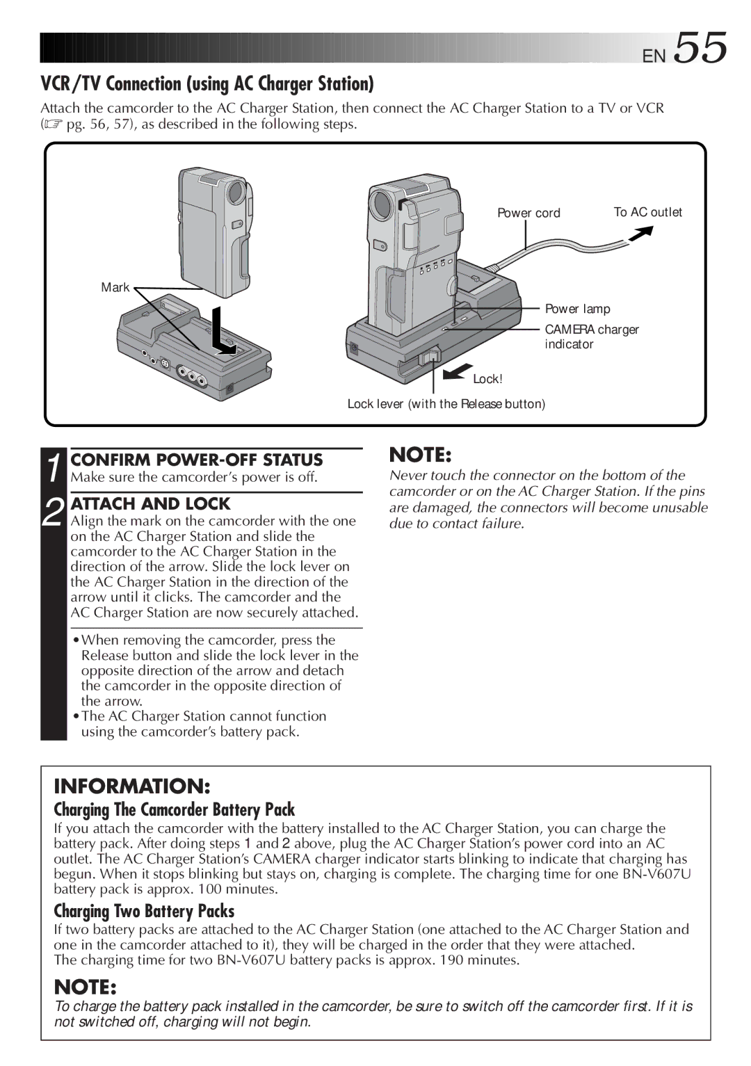 JVC GR-DVM828 manual VCR/TV Connection using AC Charger Station, Attach and Lock 