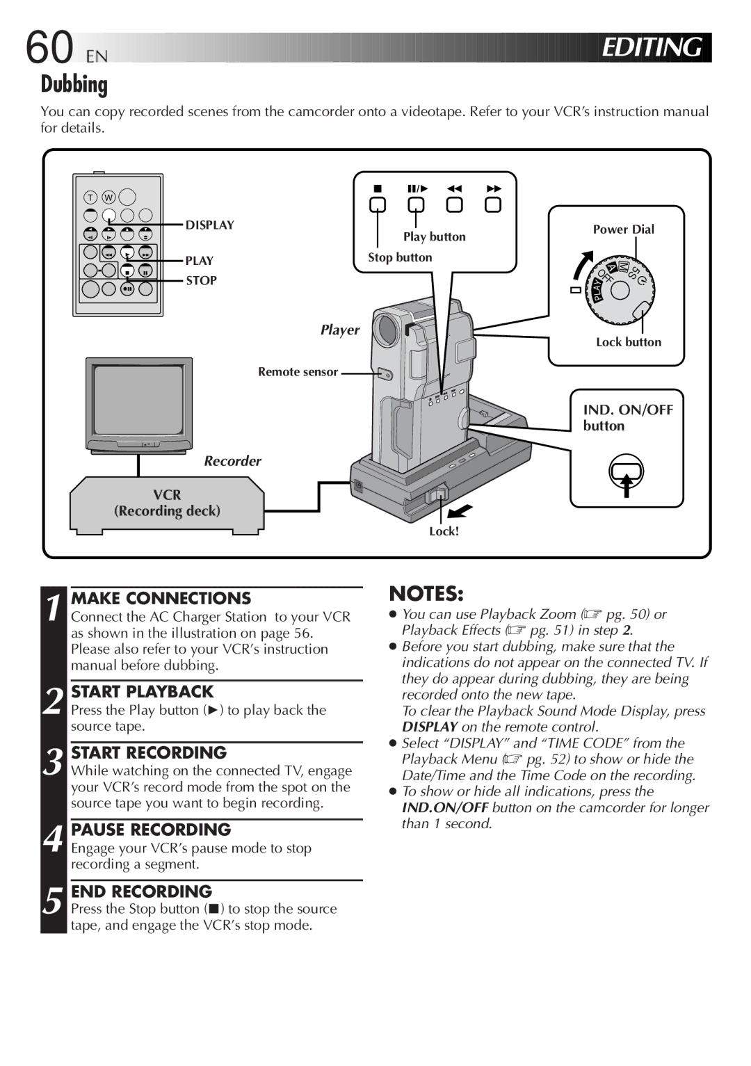 JVC GR-DVM828 manual Dubbing, Make Connections Start Playback, Pause Recording, Recording deck 