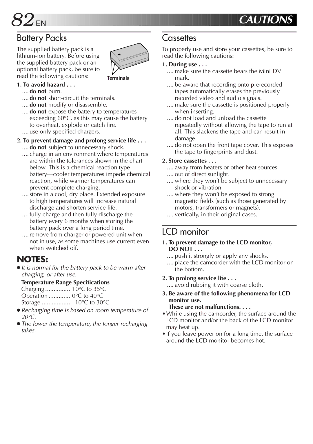 JVC GR-DVM828 manual To avoid hazard, During use, Store cassettes, To prevent damage to the LCD monitor, do not 