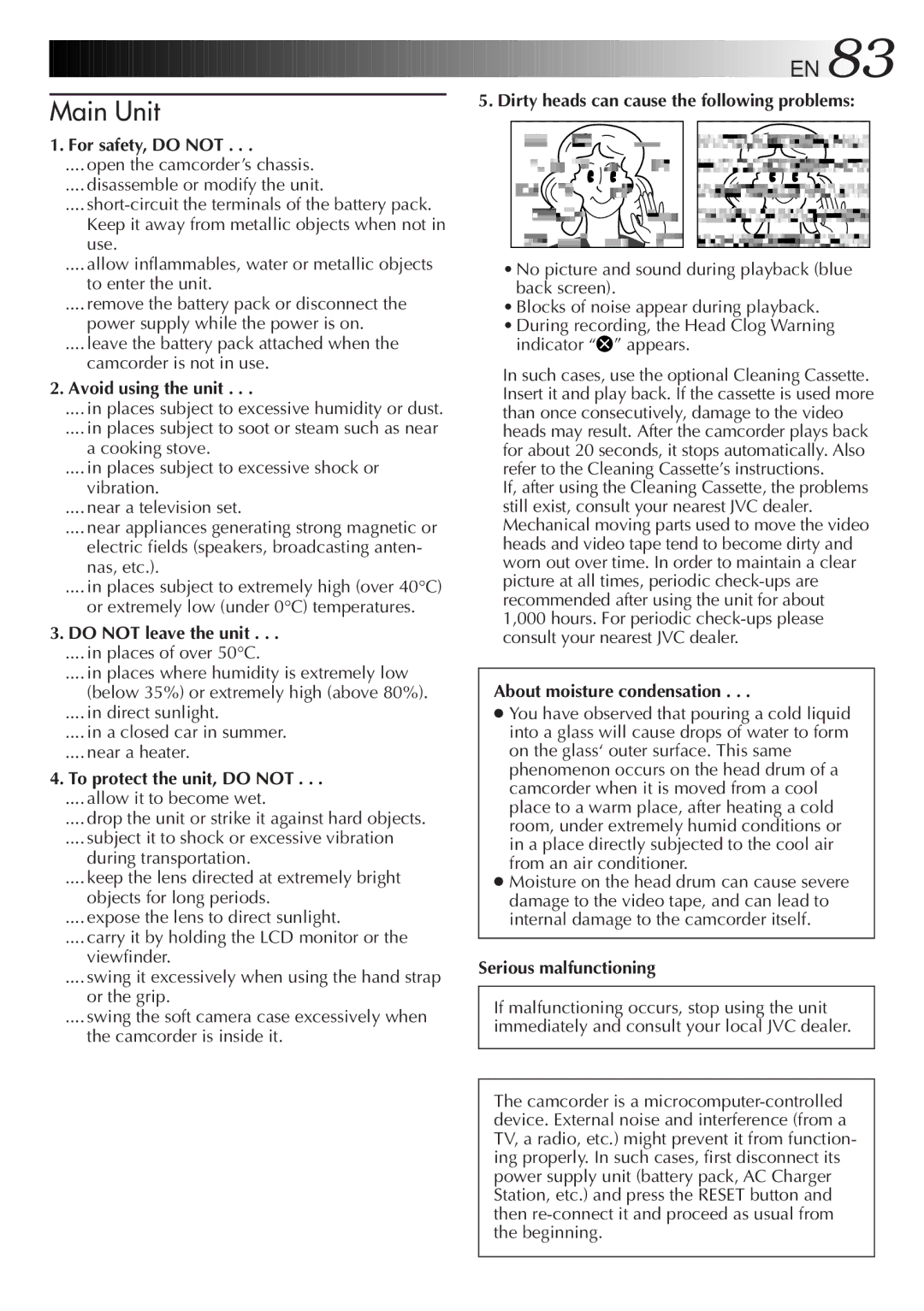 JVC GR-DVM828 manual For safety, do not, Avoid using the unit, Do not leave the unit, To protect the unit, do not 