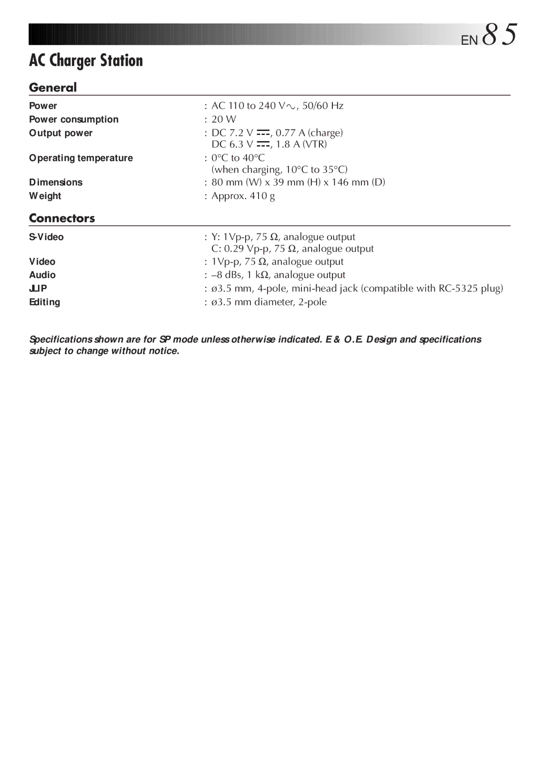 JVC GR-DVM828 manual Connectors, Output power, Video, Audio, Editing 