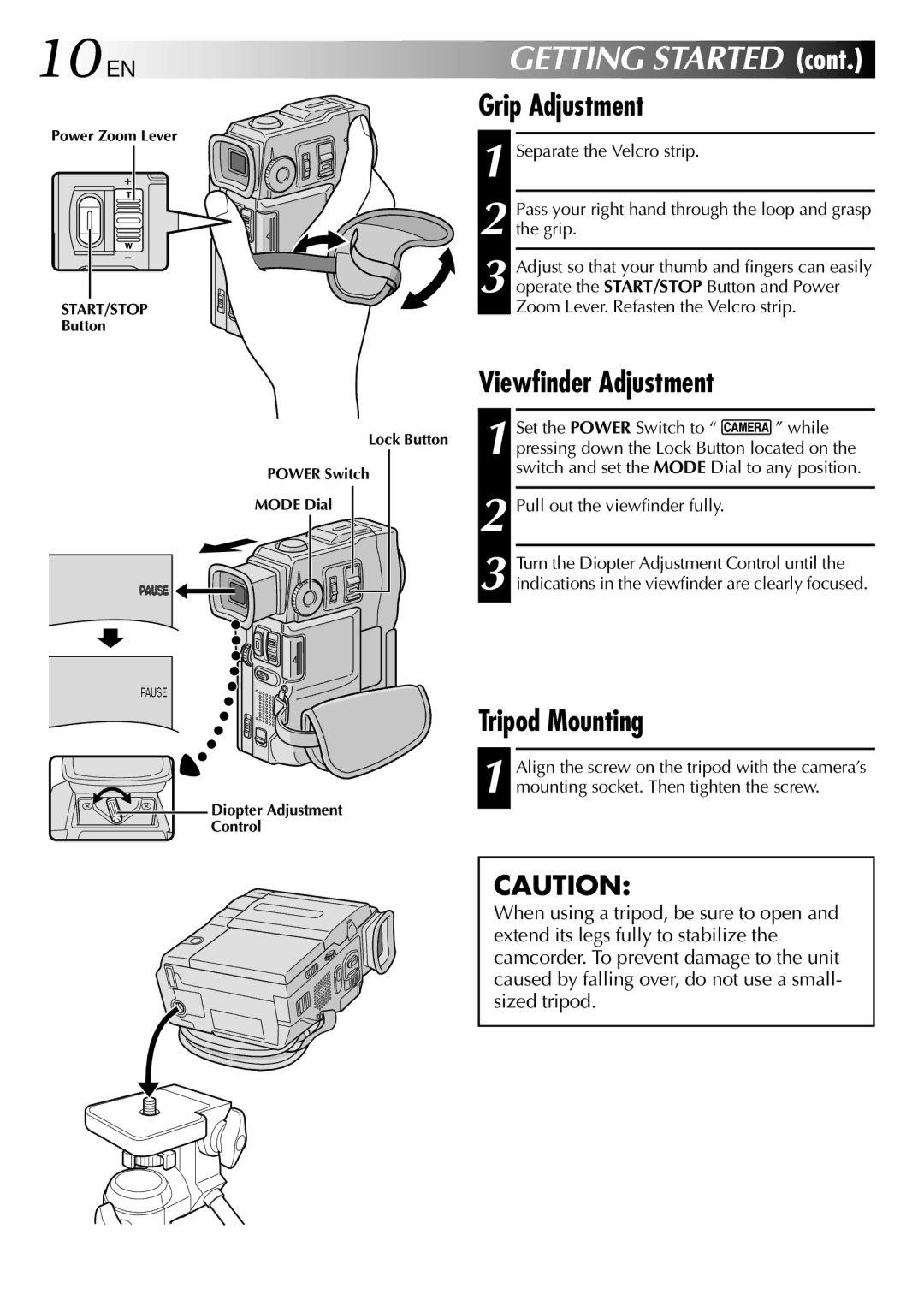 JVC GR-DVM90 specifications 10 EN, Grip Adjustment, Viewfinder Adjustment, Tripod Mounting 