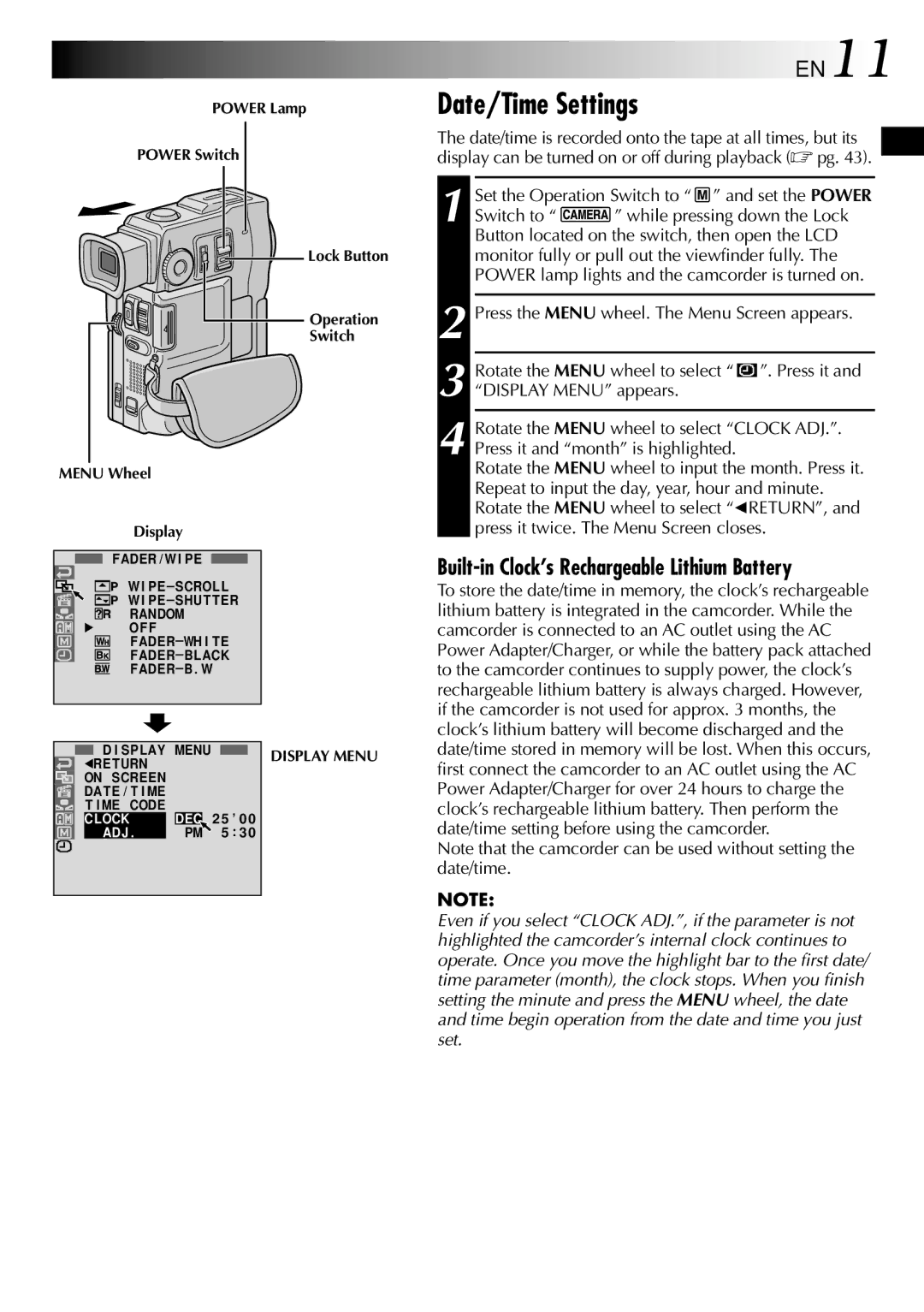 JVC GR-DVM90 specifications Date/Time Settings, EN11, Built-in Clock’s Rechargeable Lithium Battery 