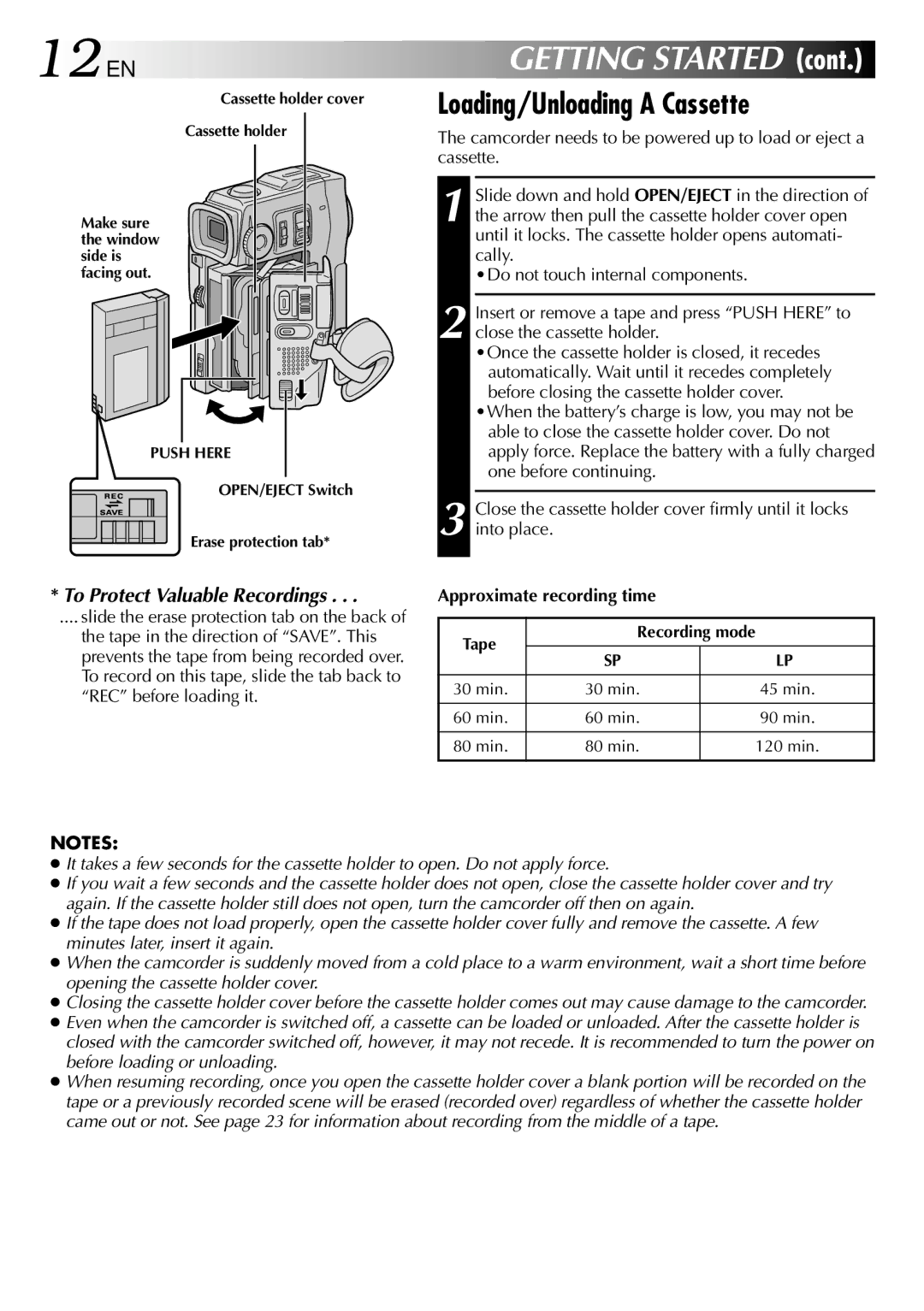 JVC GR-DVM90 specifications 12 EN, Loading/Unloading a Cassette 