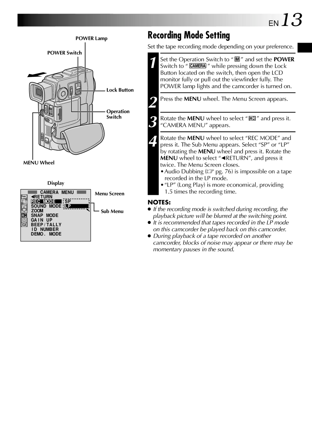 JVC GR-DVM90 specifications Recording Mode Setting, EN13 